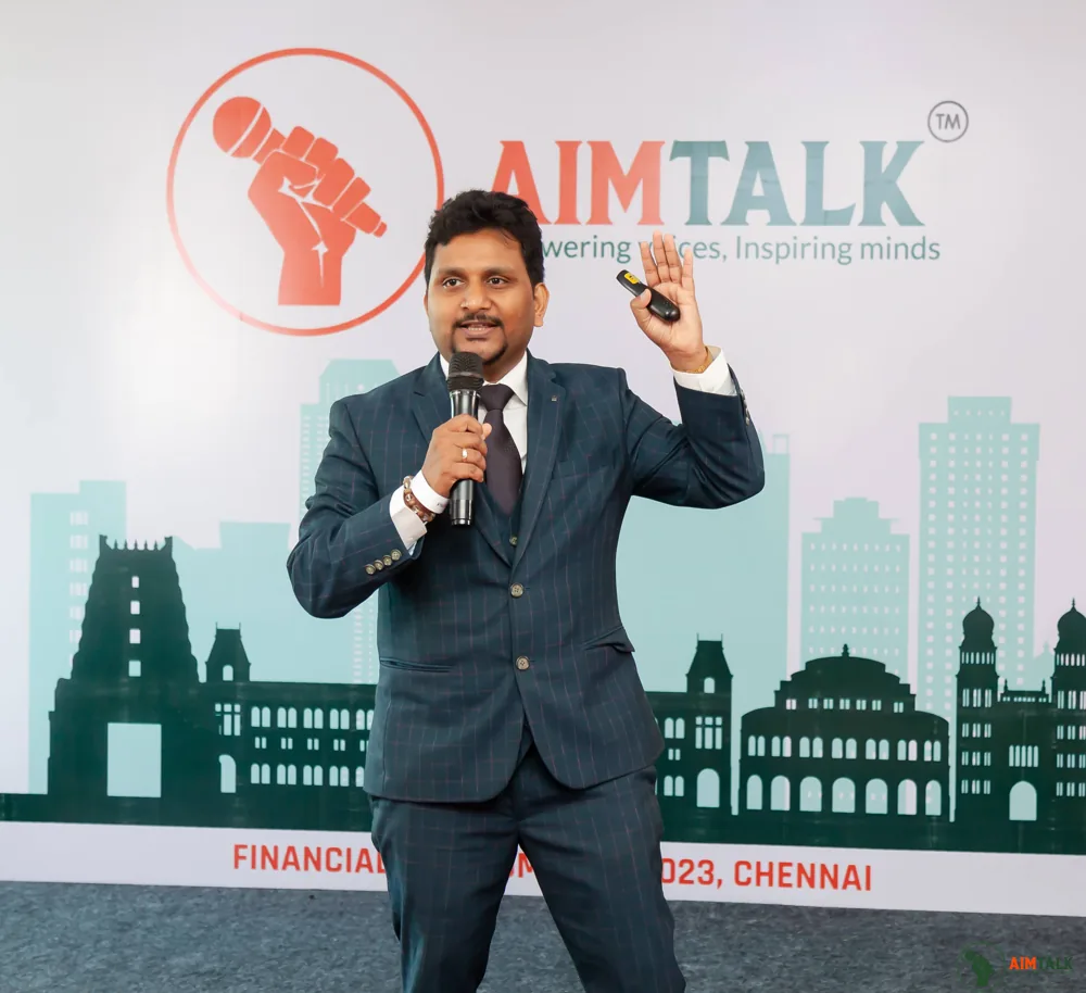 Aamar Srivastava teaching on stage at the Financial Freedom Fest, Chennai